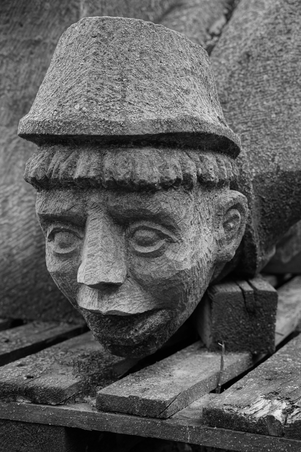 Abgelegte Skulptur eines Männerkopfes, hinter dem Dom